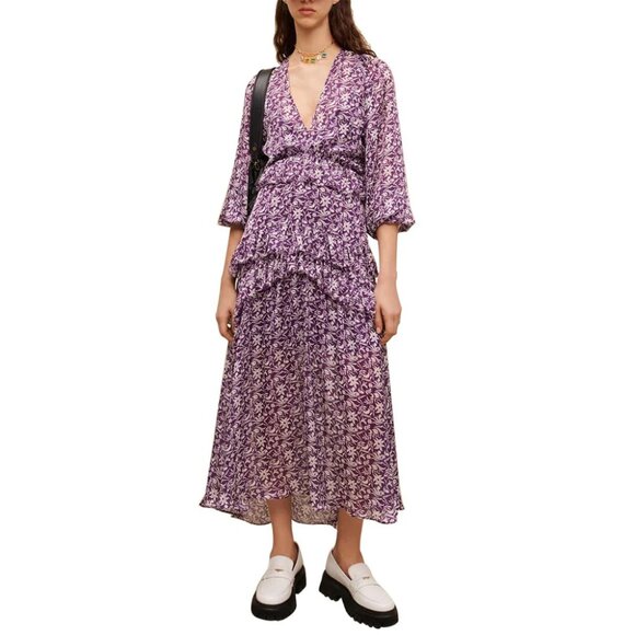 Maje Ronirique Ruffled floral-print chiffon Maxi Dress, T34 (XS) MSRP $535 - Picture 1 of 6